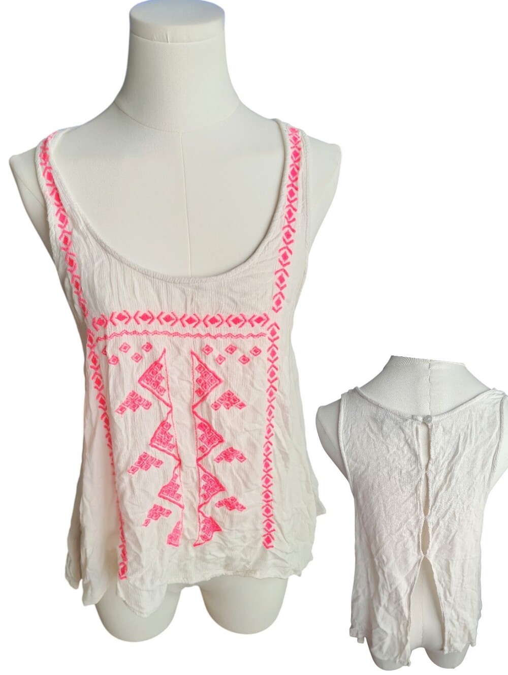 Y2K Soulmates Vintage White Hot Pink Embroidered Open Back Tank Top Size Large